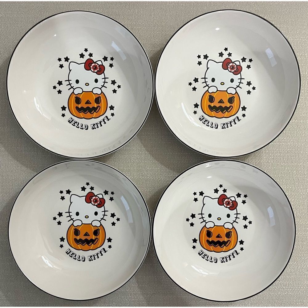 Set of 4- Hello Kitty Pumpkin Halloween 9” Ceramic Bowls Sanrio 2023‎